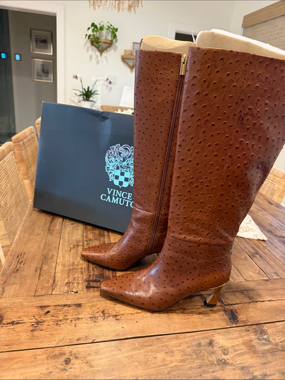 Vince Camuto Tall Pointed Toe Brown Textured Leather Boots-Wide Calf